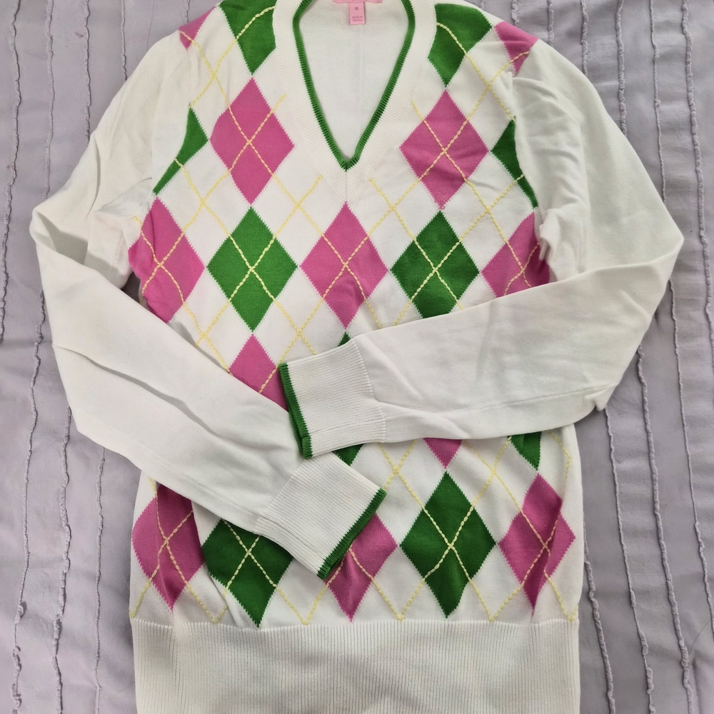 Lilly Pulitzer V-Neck Argyle Sweater - Pink, Green, White